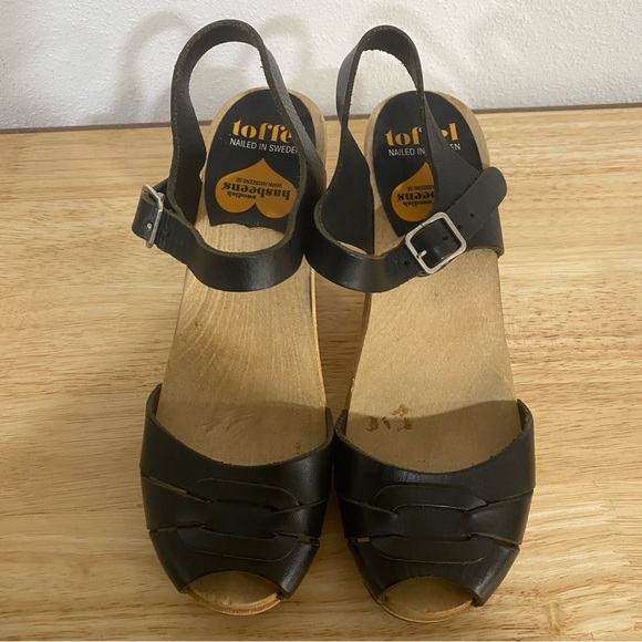 Swedish Hasbeens Leather Peep Toe Wooden Ankle Strap Sandals Heels Black 36 6 - Picture 3 of 7